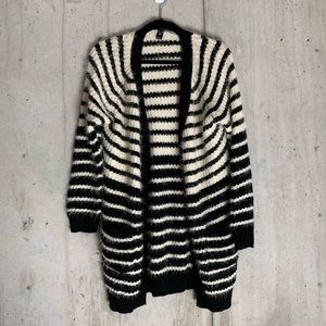 Cream & Black Long Fuzzy Striped Sweater Cardigan